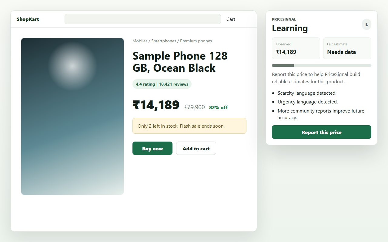 PriceSignal learning mode popup on a product page